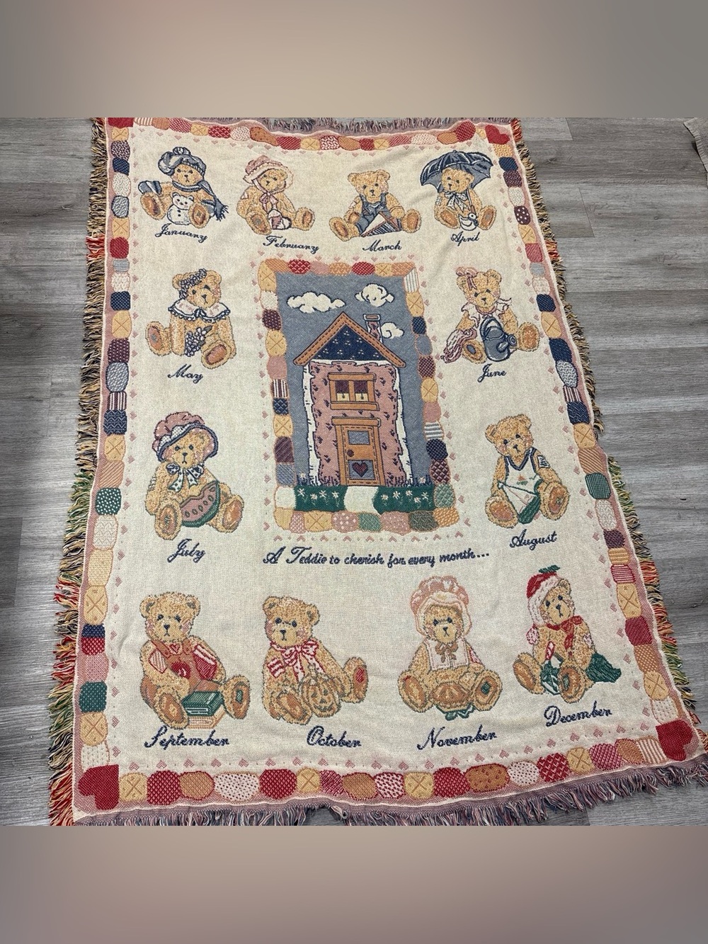 Teddy Months Woven Throw Blanket 1993 vintage “cherished teddies” afghan baby